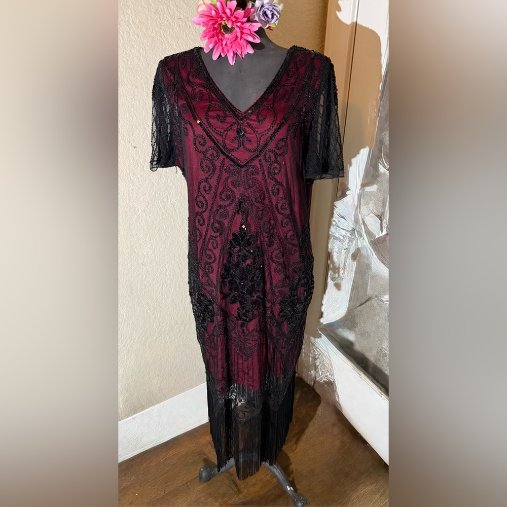 Elegant Burgundy and Black Beaded Dress XXXL